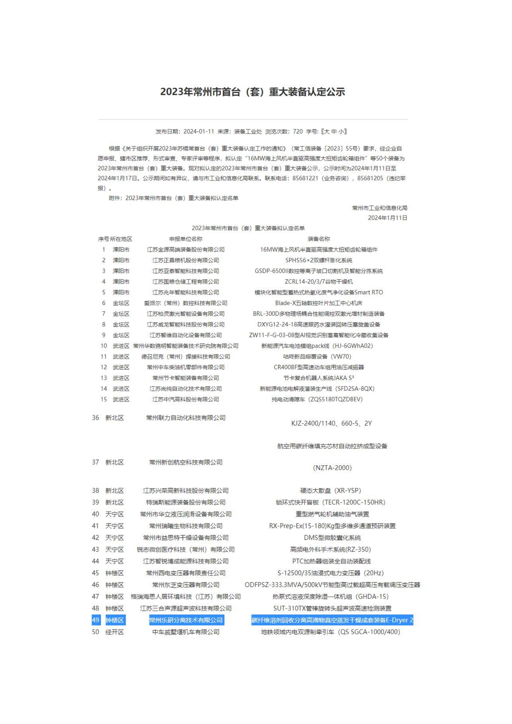 常州樂研分離技術有限公司通過2023年首臺（套）重大裝備認定